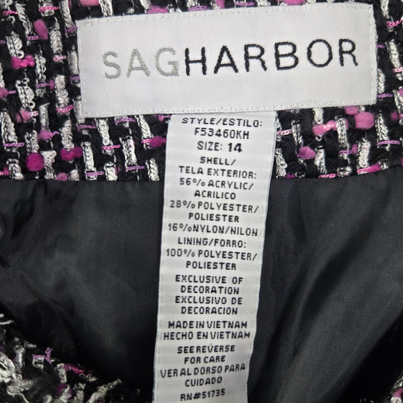 Y2K Sag Harbor Tweed Jacket Black Pink Boucle Fringe Trim Blazer Size 14 - Picture 3 of 11